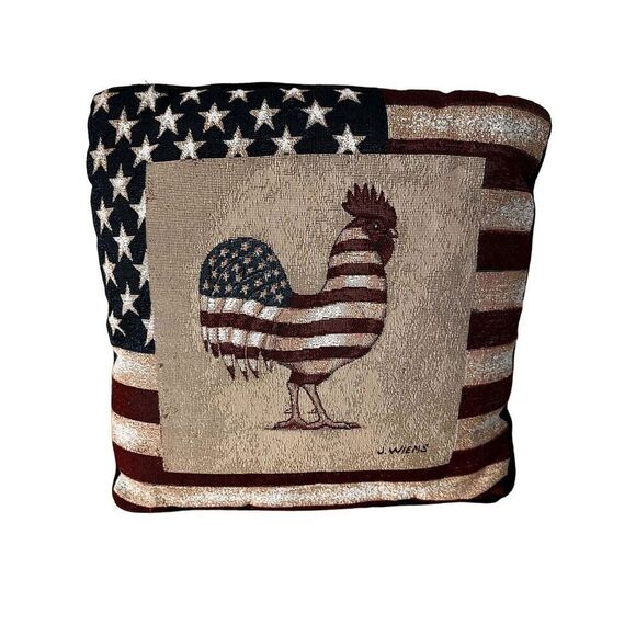Vintage J. WIENS STARS AND STRIPES PATRIOTIC ROOSTER TAPESTRY PILLOW - Picture 4 of 7